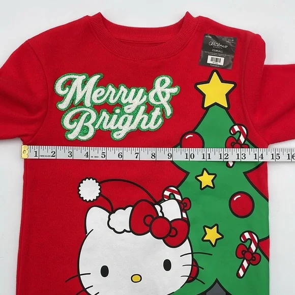 Hello Kitty Red Graphic Christmas Merry & Bright Tree Sweatshirt Crewneck - Picture 7 of 17